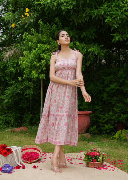 Beautiful Hand Block-Printed Pink Flower Dress