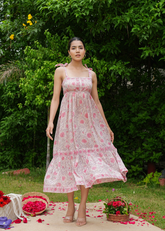 Beautiful Hand Block-Printed Pink Flower Dress