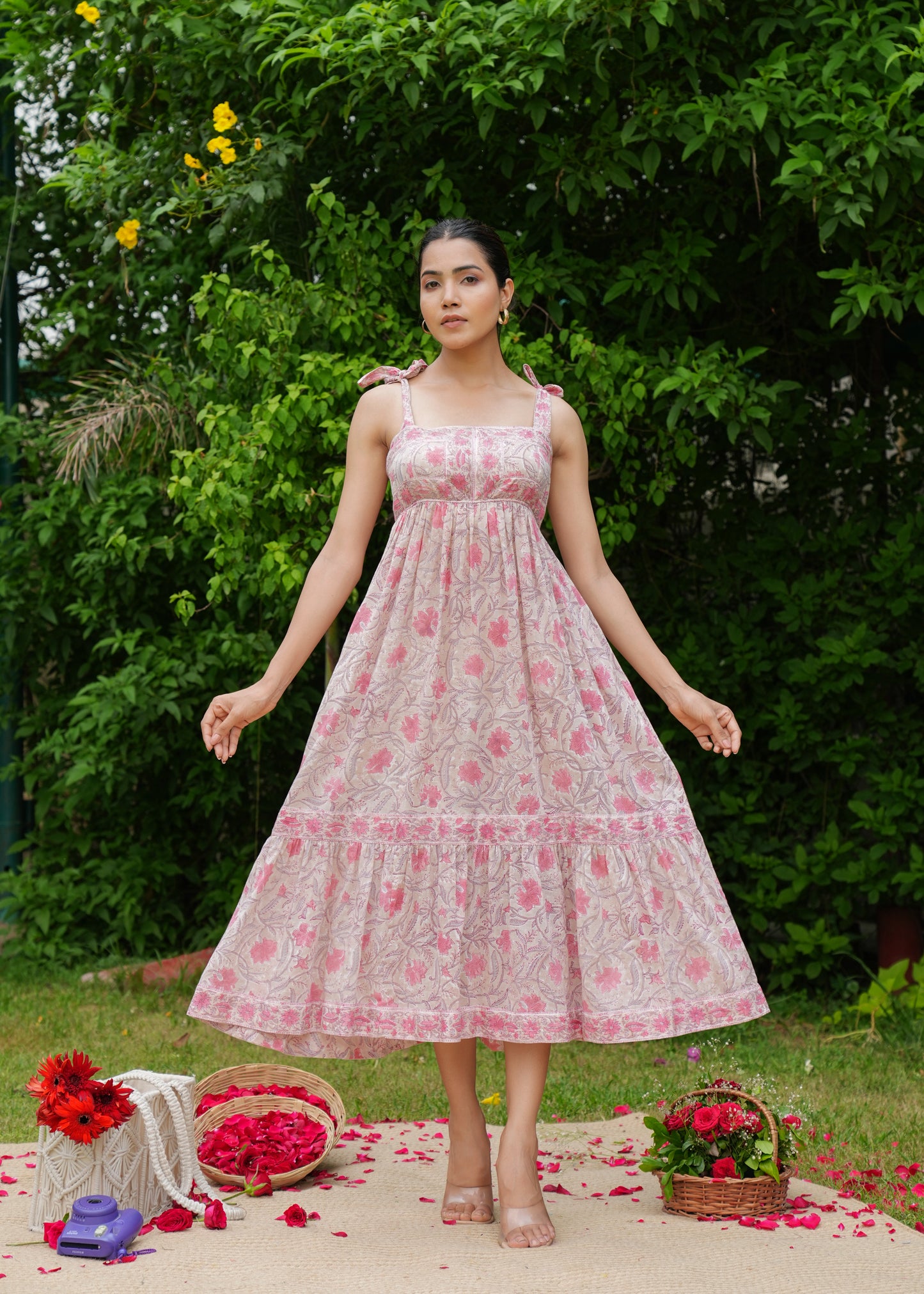 Beautiful Hand Block-Printed Pink Flower Dress