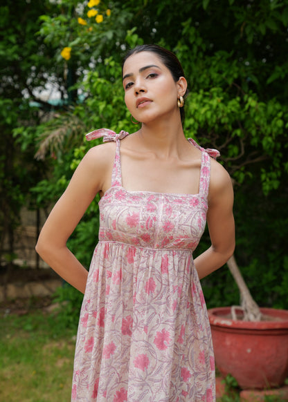 Beautiful Hand Block-Printed Pink Flower Dress