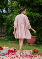 Hand Block Floral Printed Cotton Gathered Short Dress