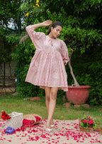 Hand Block Floral Printed Cotton Gathered Short Dress