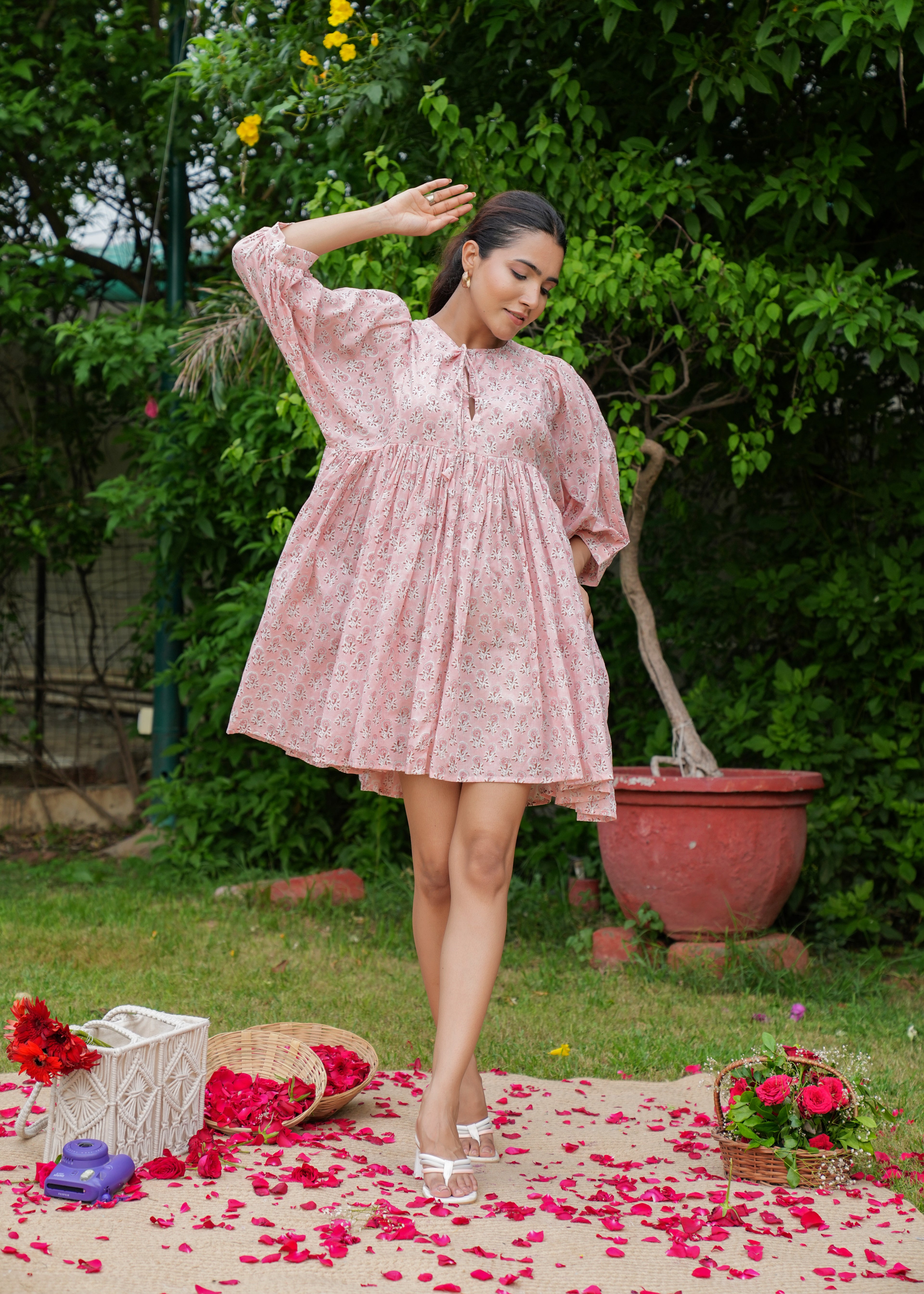 Hand Block Floral Printed Cotton Gathered Short Dress