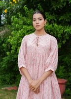 Hand Block Floral Printed Cotton Gathered Short Dress