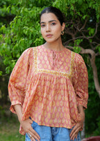 Hand Block Printed Orange Valentina Blouse