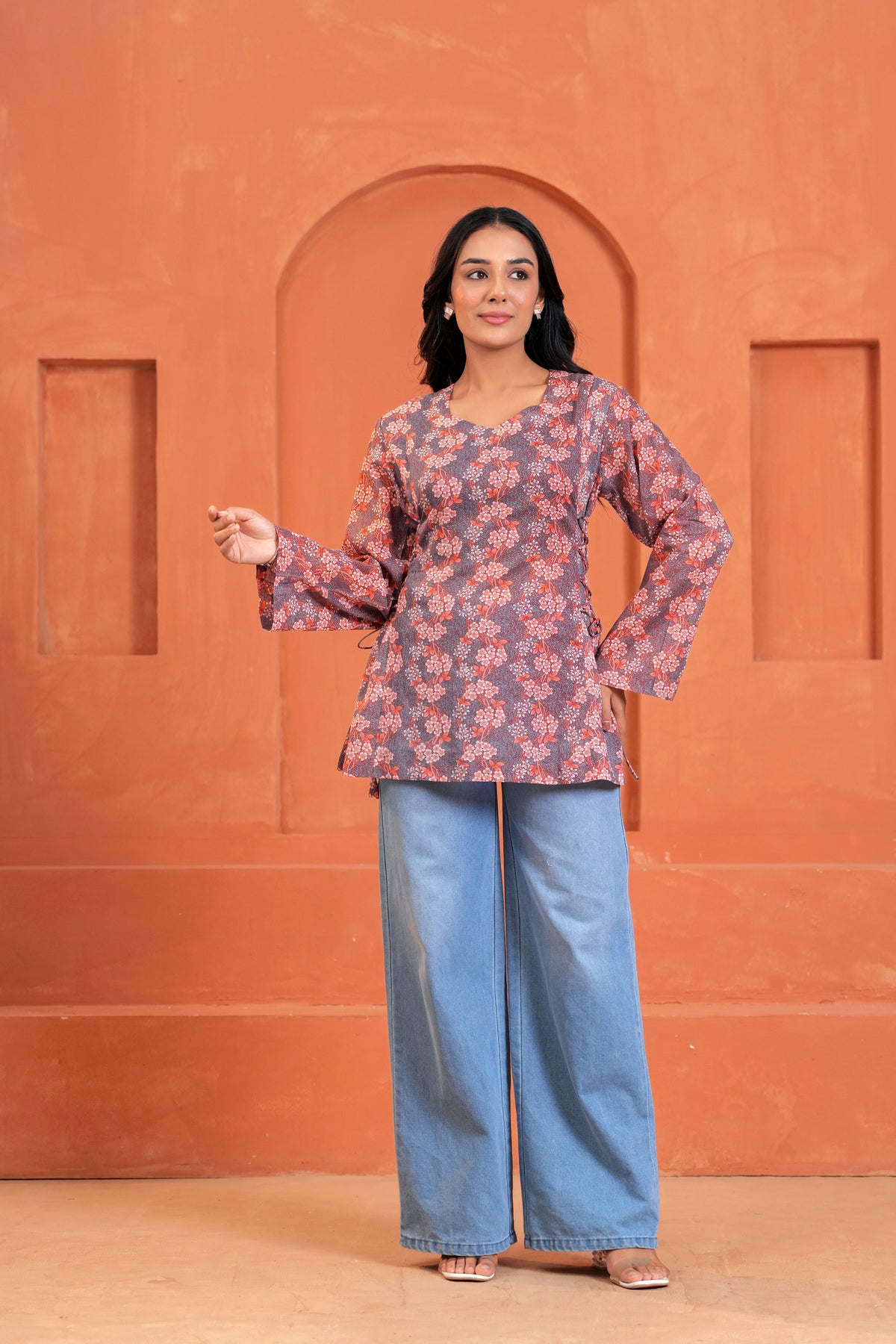 Naira Hand Block Printed Cotton Top for Women | Full Sleeve V-Neck Office Wear Top