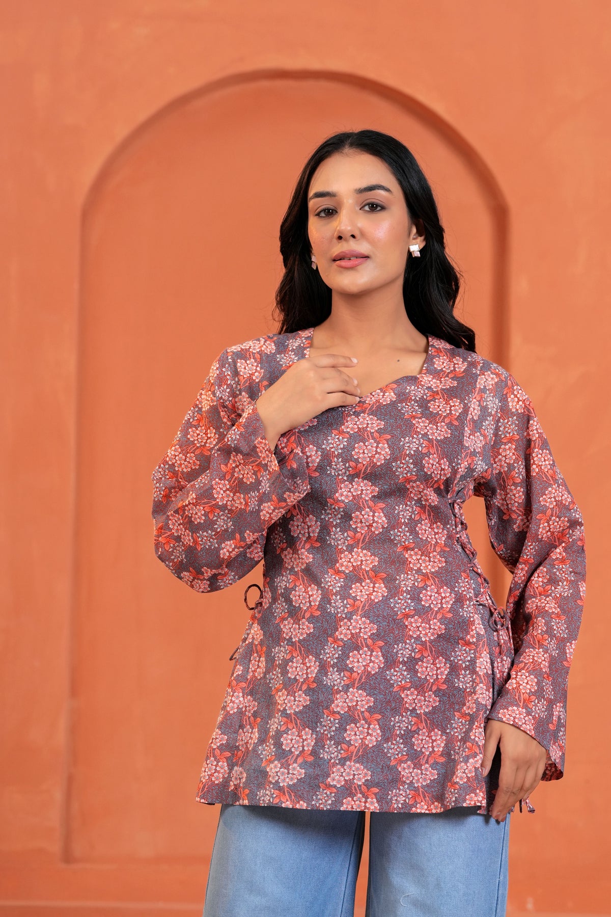 Naira Hand Block Printed Cotton Top for Women | Full Sleeve V-Neck Office Wear Top