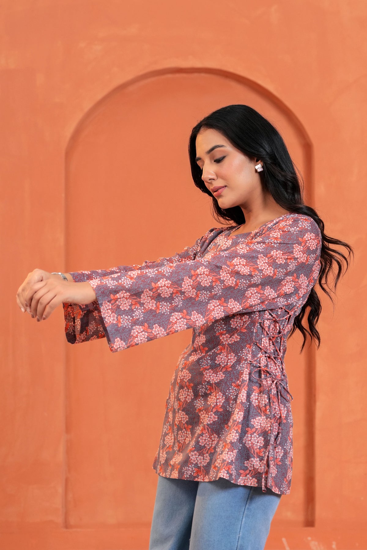 Naira Hand Block Printed Cotton Top for Women | Full Sleeve V-Neck Office Wear Top
