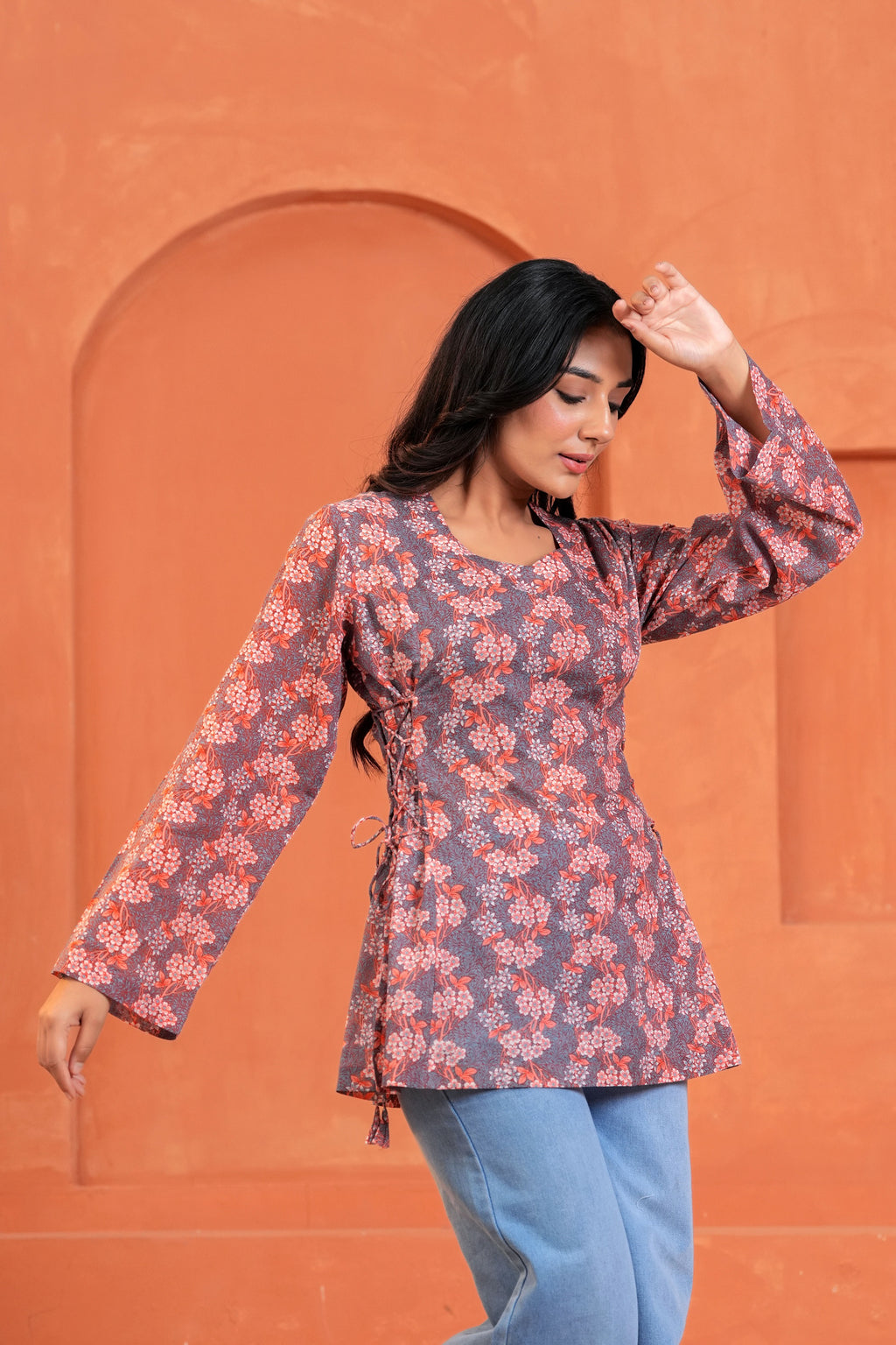 Naira Hand Block Printed Cotton Top for Women | Full Sleeve V-Neck Office Wear Top
