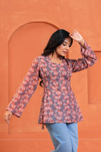 Naira Hand Block Printed Cotton Top for Women | Full Sleeve V-Neck Office Wear Top