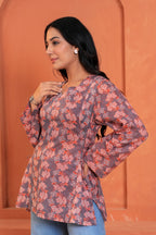 Naira Hand Block Printed Cotton Top for Women | Full Sleeve V-Neck Office Wear Top
