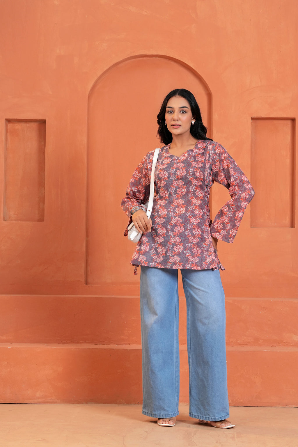 Naira Hand Block Printed Cotton Top for Women | Full Sleeve V-Neck Office Wear Top
