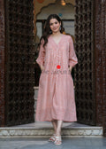 Hand Block Printed V Neck Full Sleeves With Two Pockets Handmade Jaipuri Midi Dress