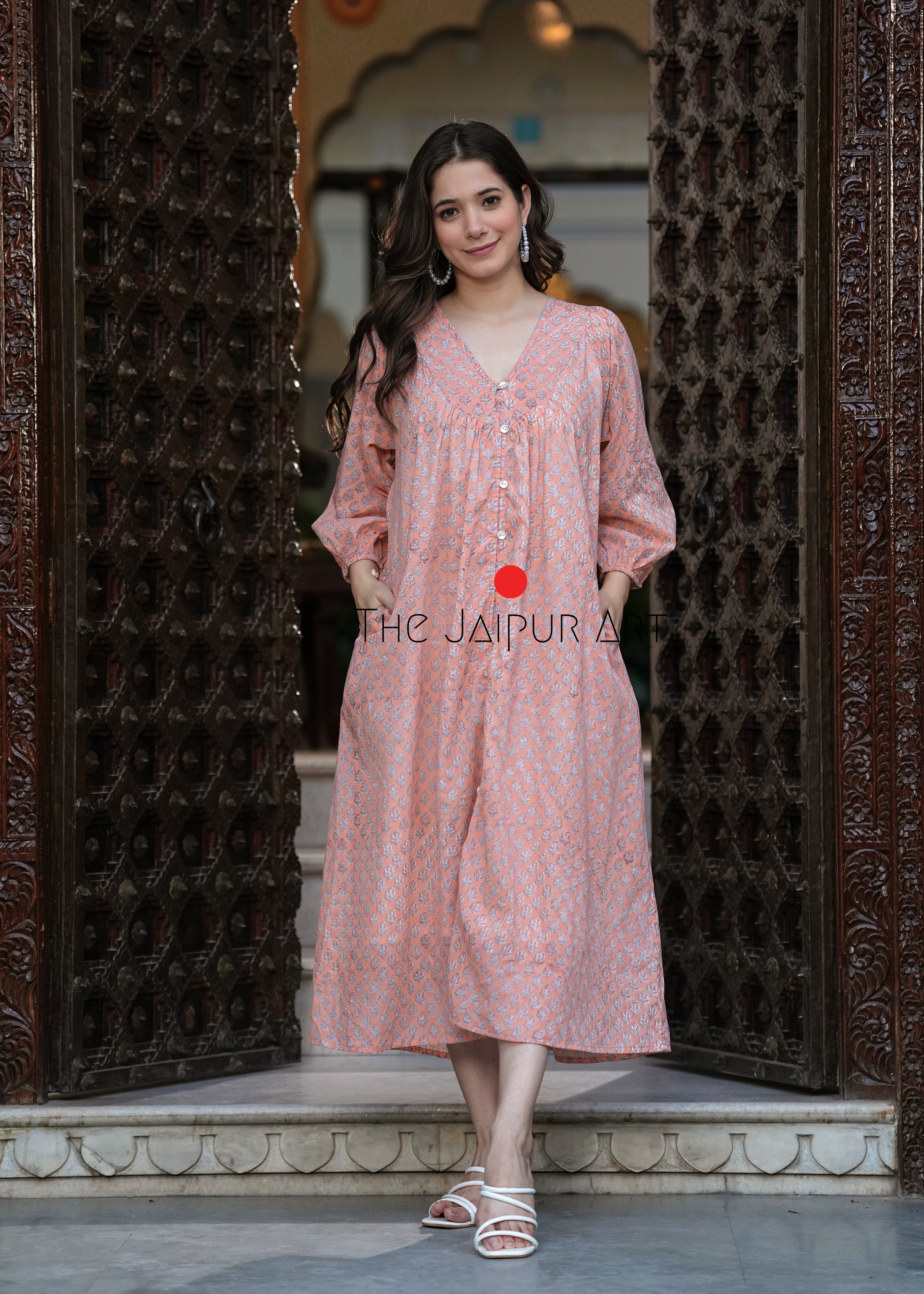 Hand Block Printed V Neck Full Sleeves With Two Pockets Handmade Jaipuri Midi Dress