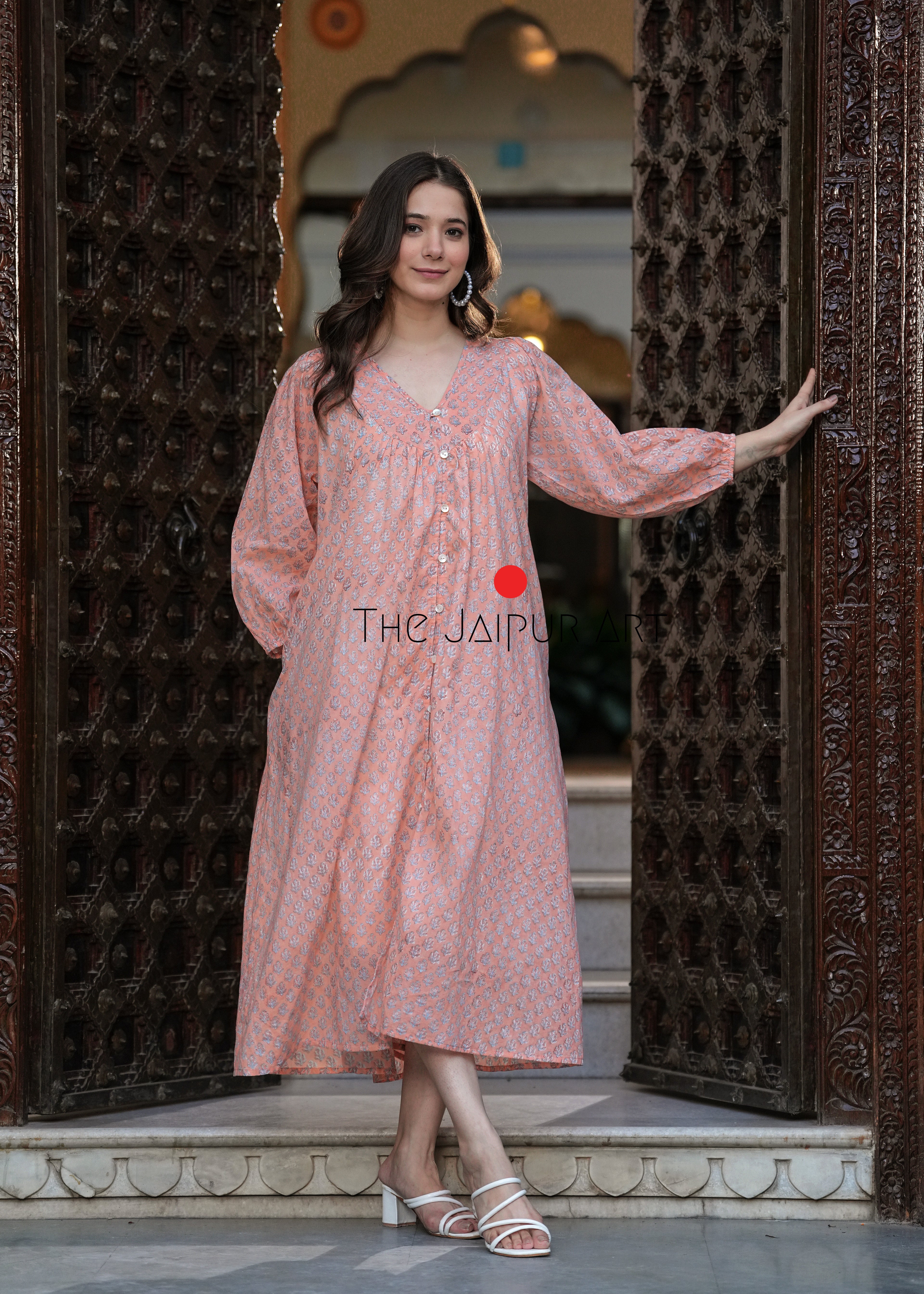 Hand Block Printed V Neck Full Sleeves With Two Pockets Handmade Jaipuri Midi Dress