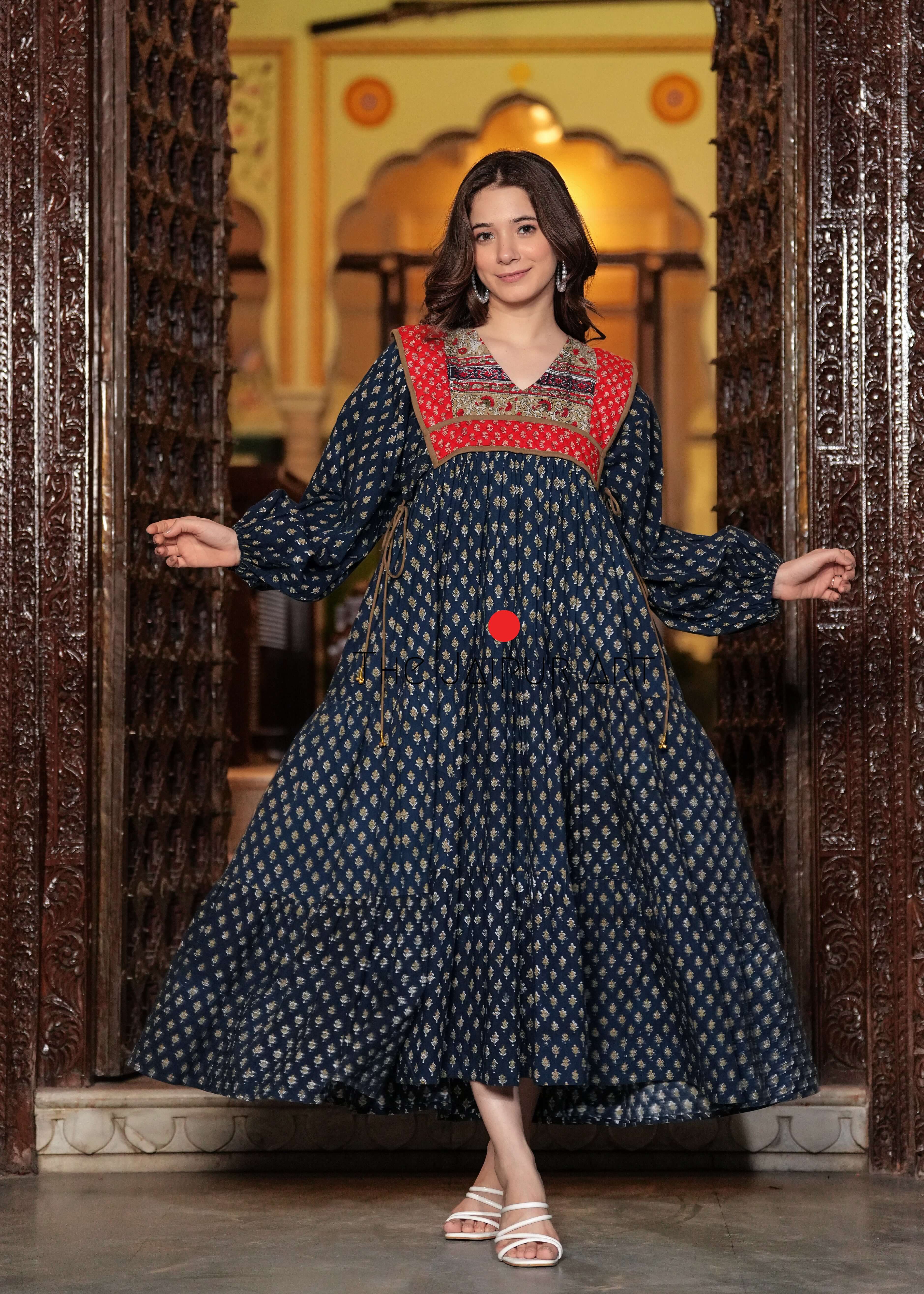 Hand block printed Machine Quilted Abhira Maxi Dress