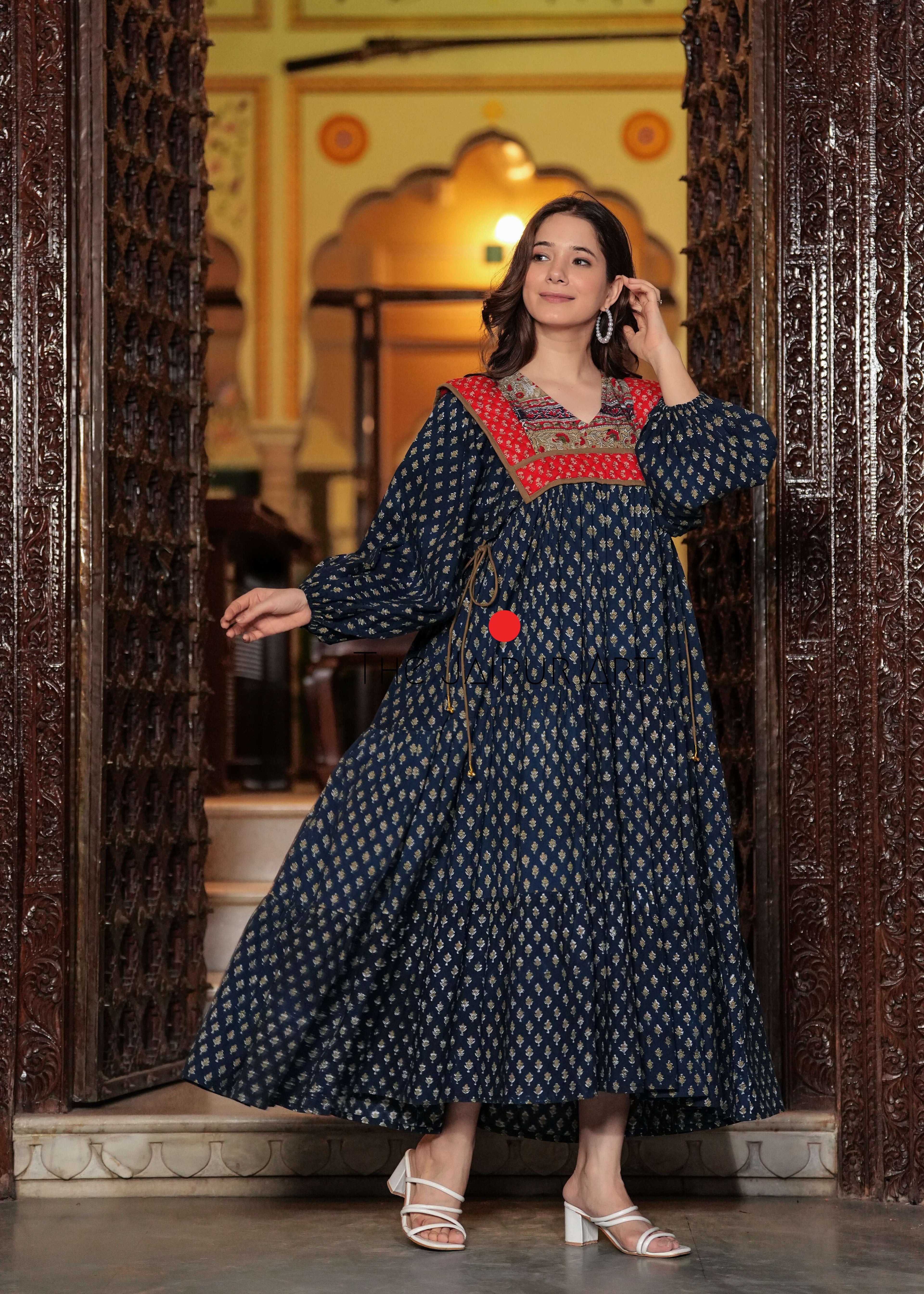 Hand block printed Machine Quilted Abhira Maxi Dress