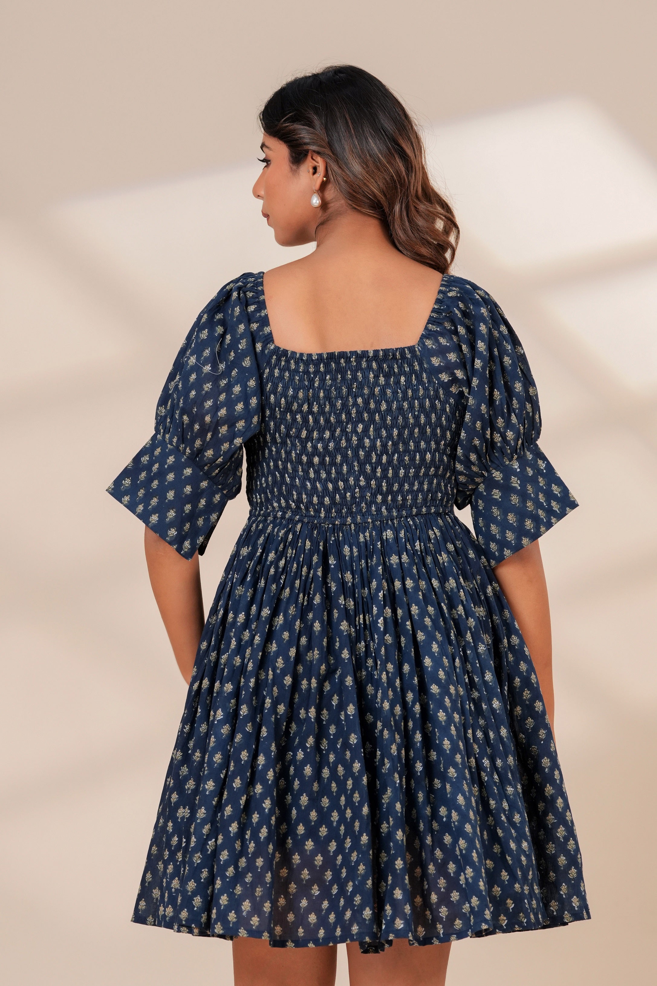 Printed Cotton Square Neck Smocked Dress
