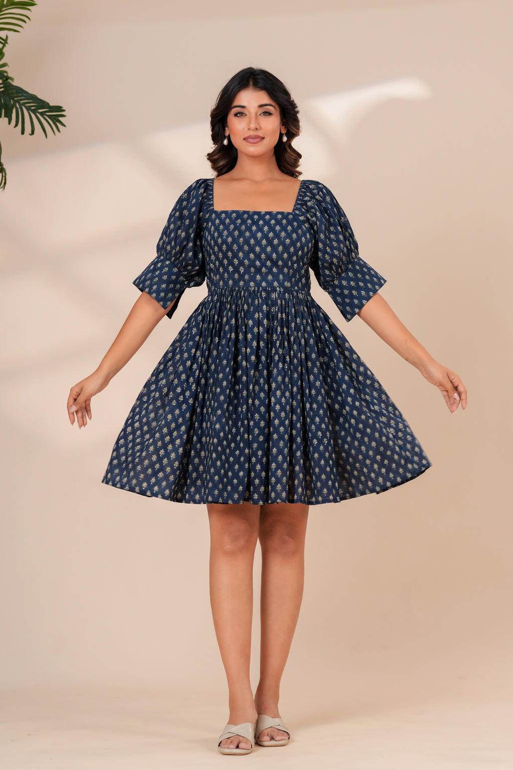 Printed Cotton Square Neck Smocked Dress
