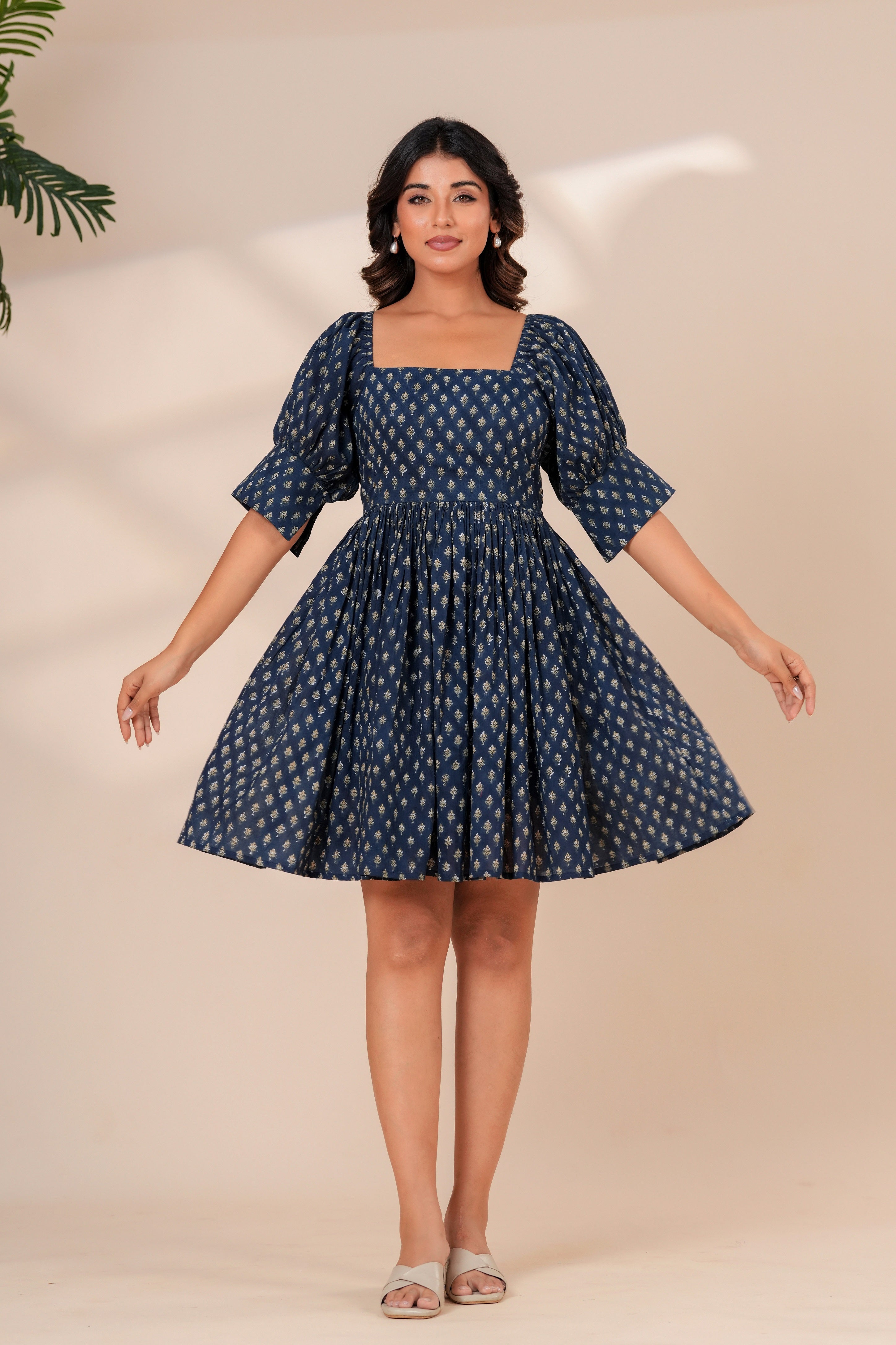 Printed Cotton Square Neck Smocked Dress
