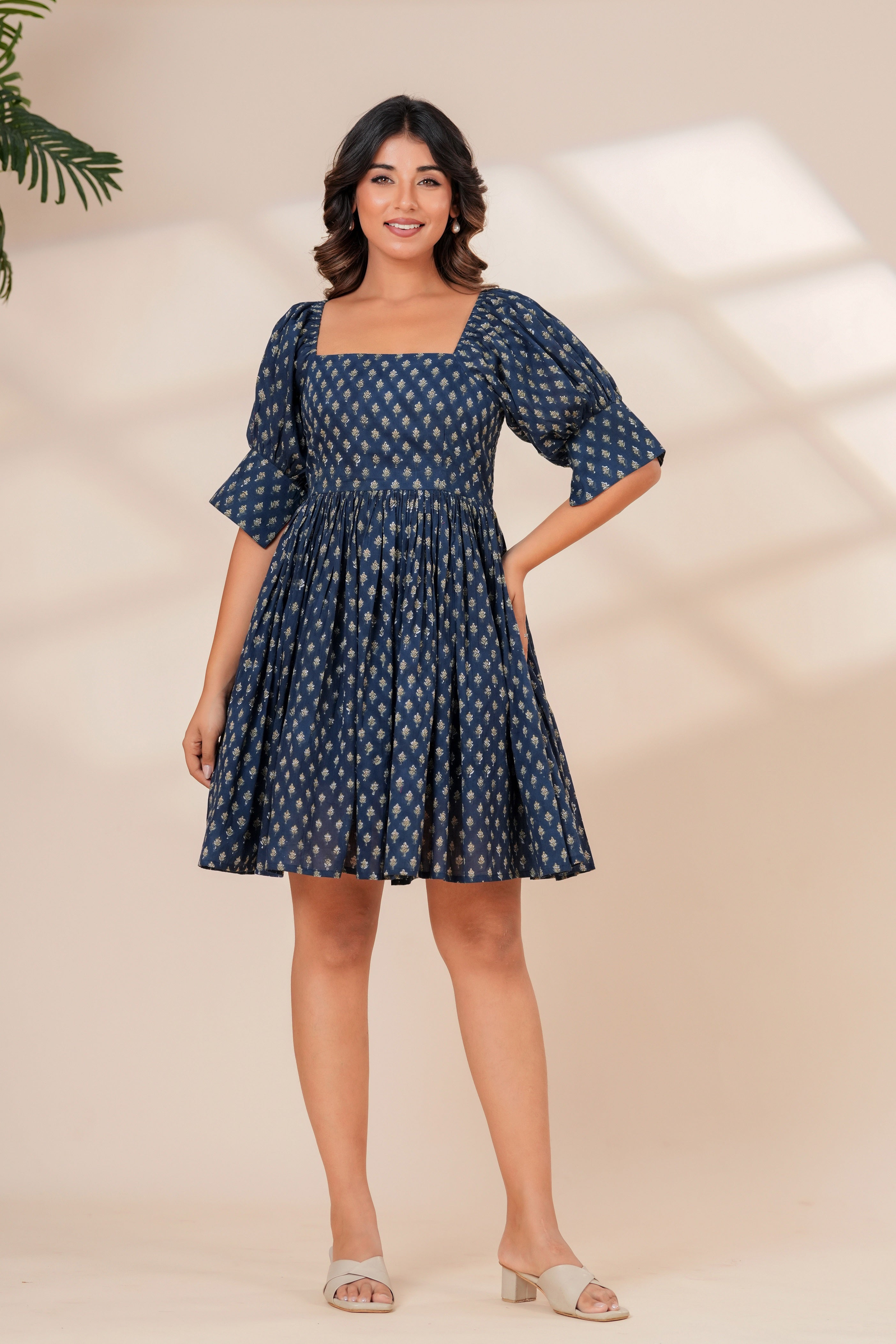 Printed Cotton Square Neck Smocked Dress