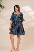 Printed Cotton Square Neck Smocked Dress