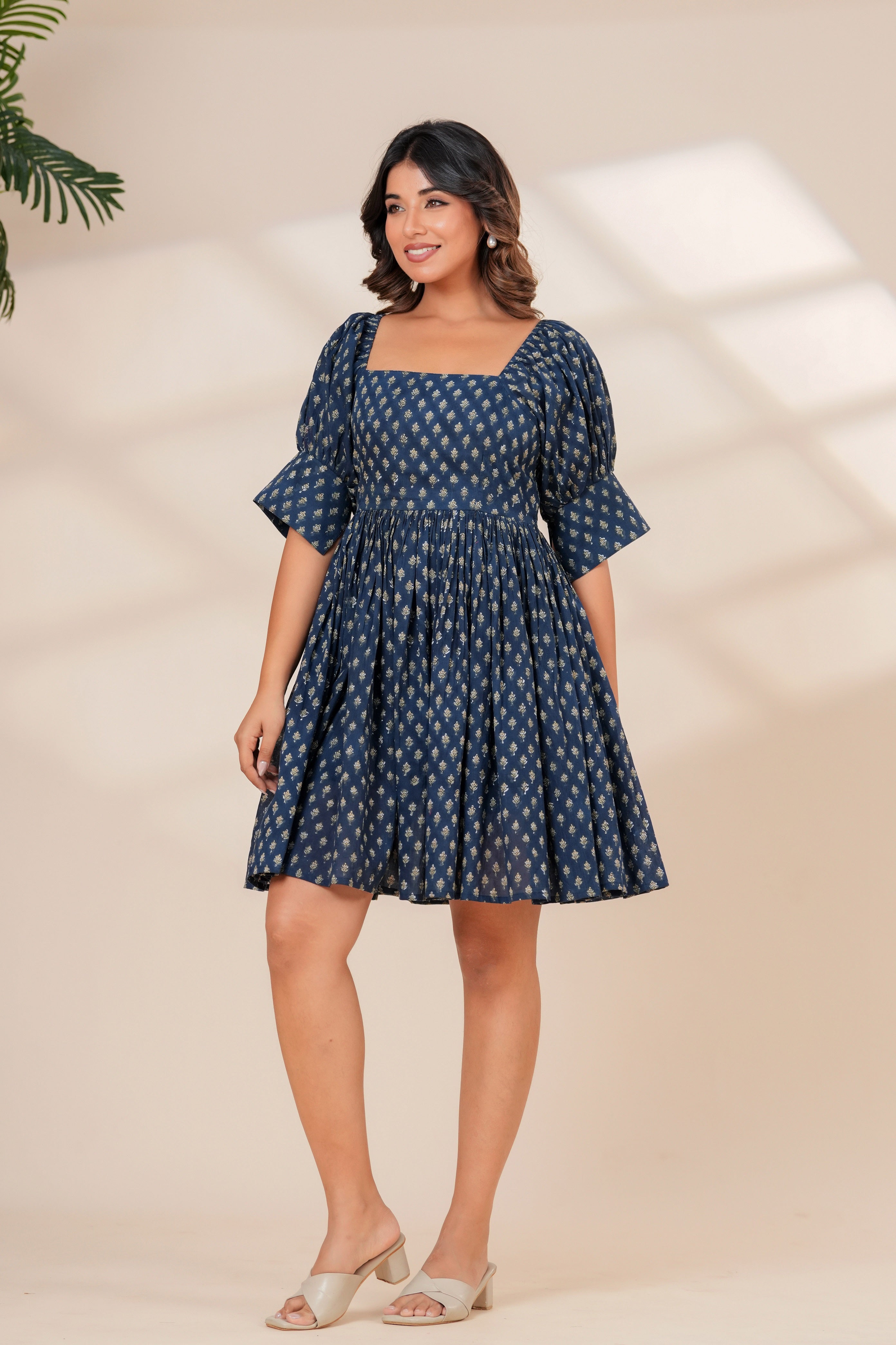 Printed Cotton Square Neck Smocked Dress
