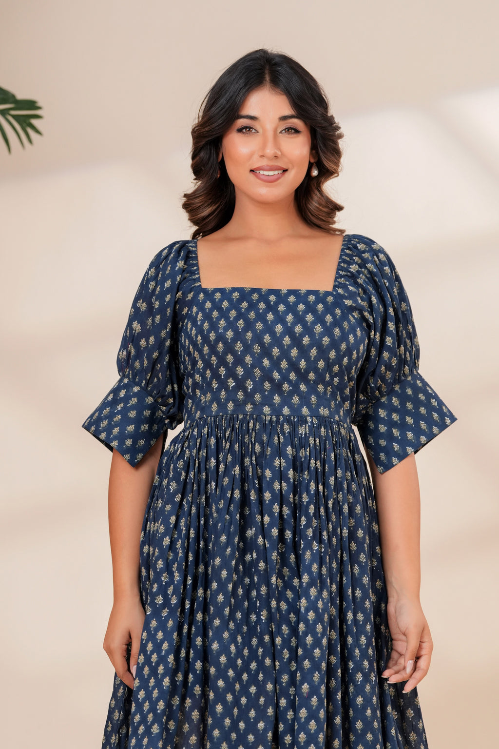 Printed Cotton Square Neck Smocked Dress