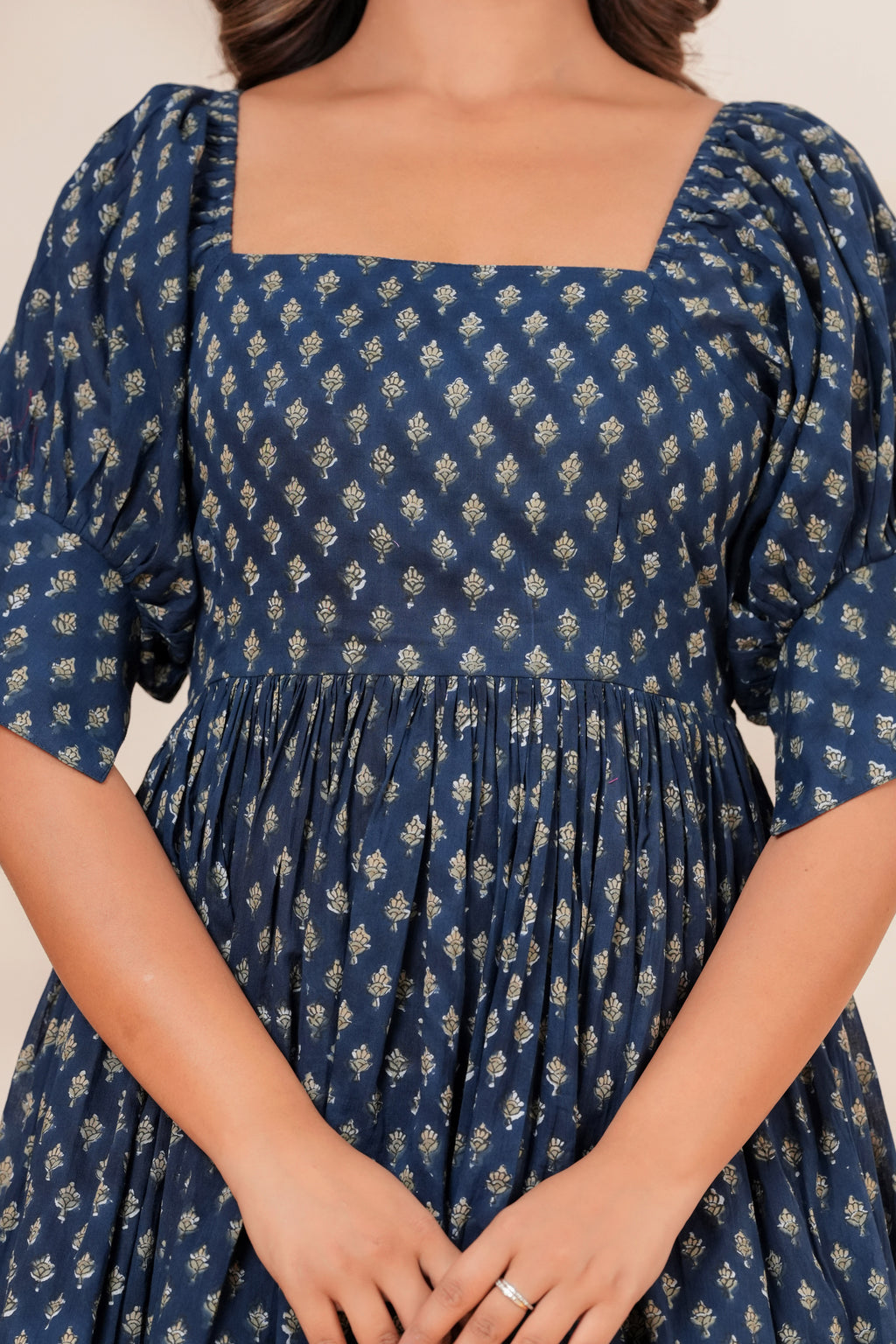 Printed Cotton Square Neck Smocked Dress