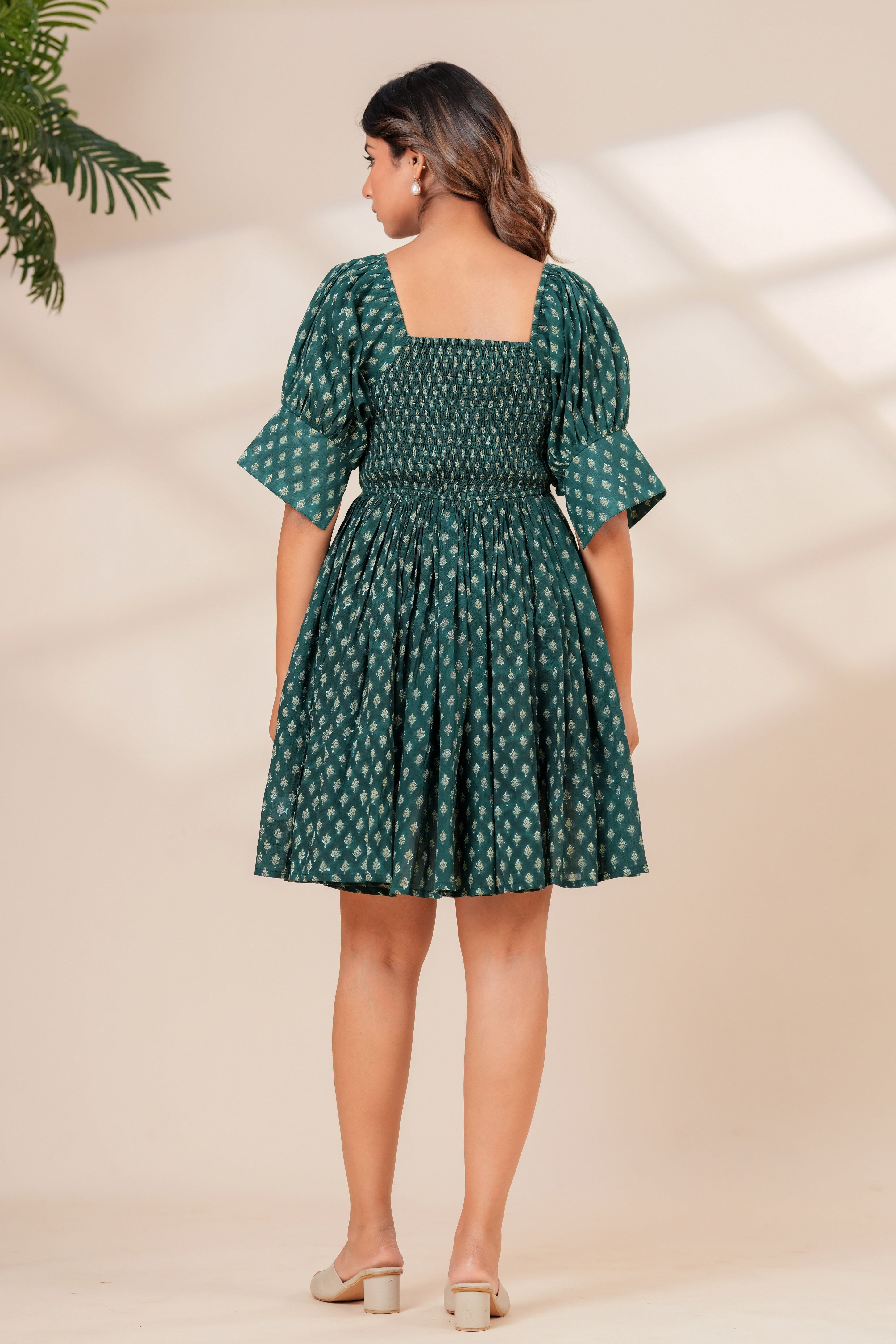 Printed Cotton Square Neck Smocked Dress
