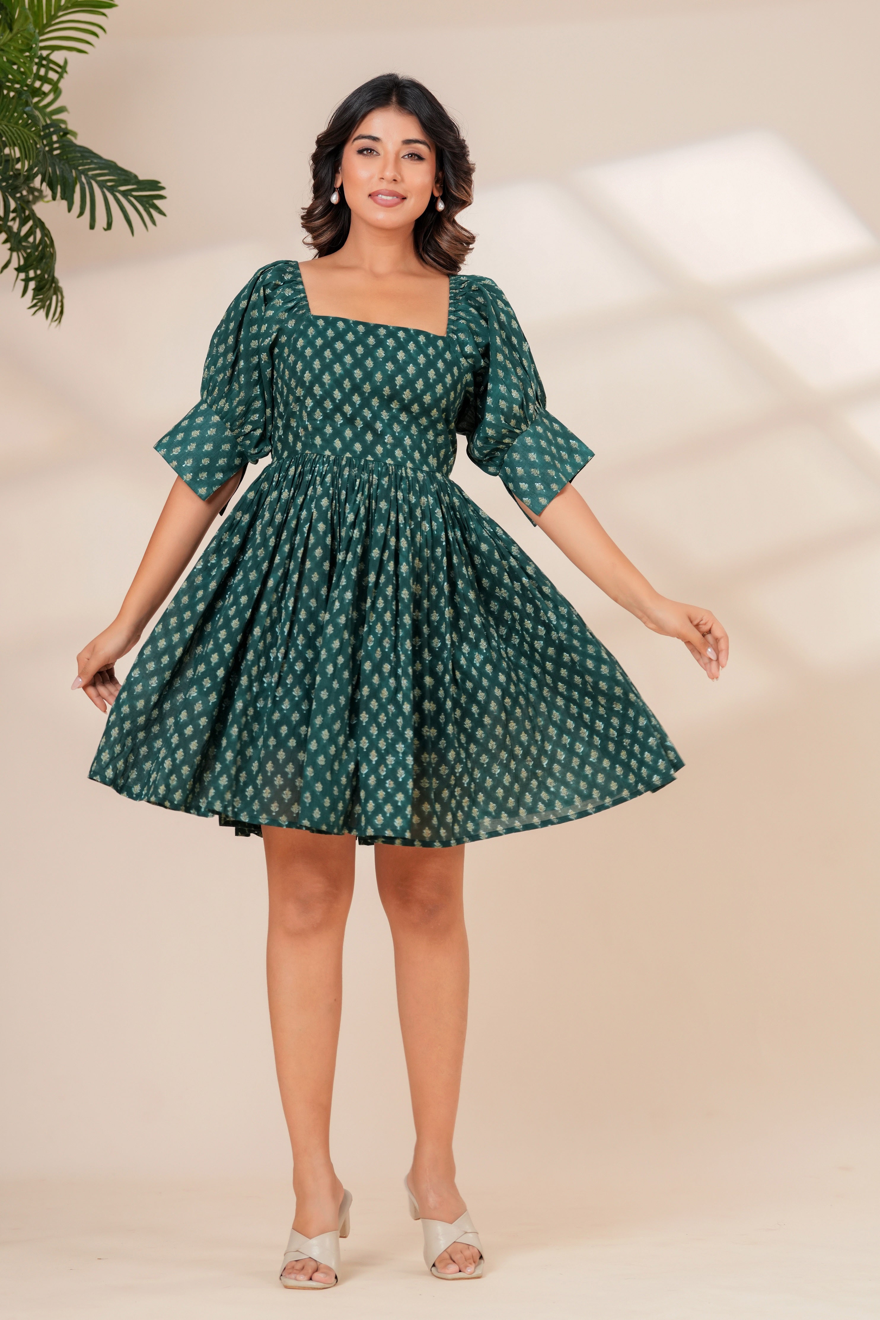Printed Cotton Square Neck Smocked Dress
