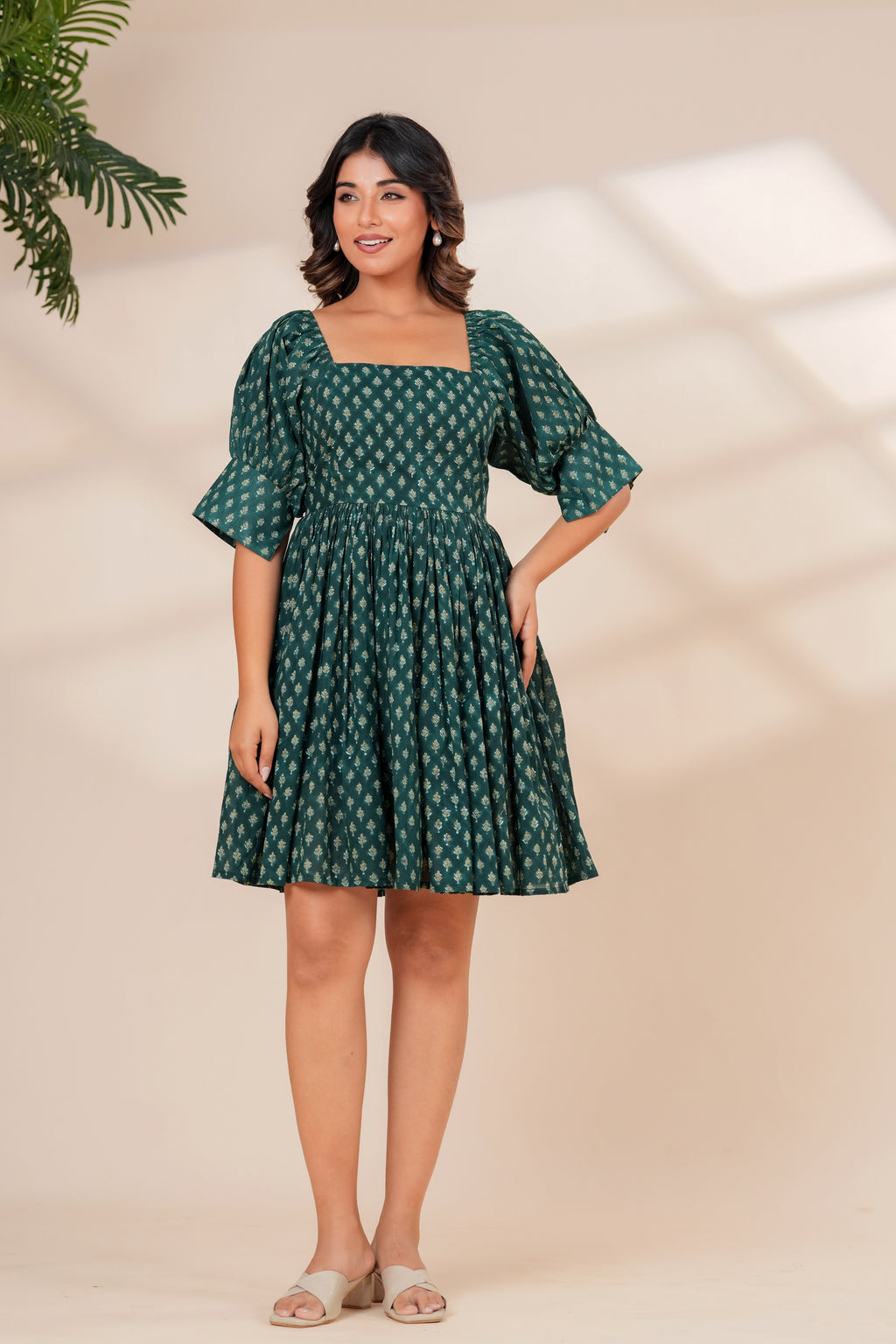 Printed Cotton Square Neck Smocked Dress