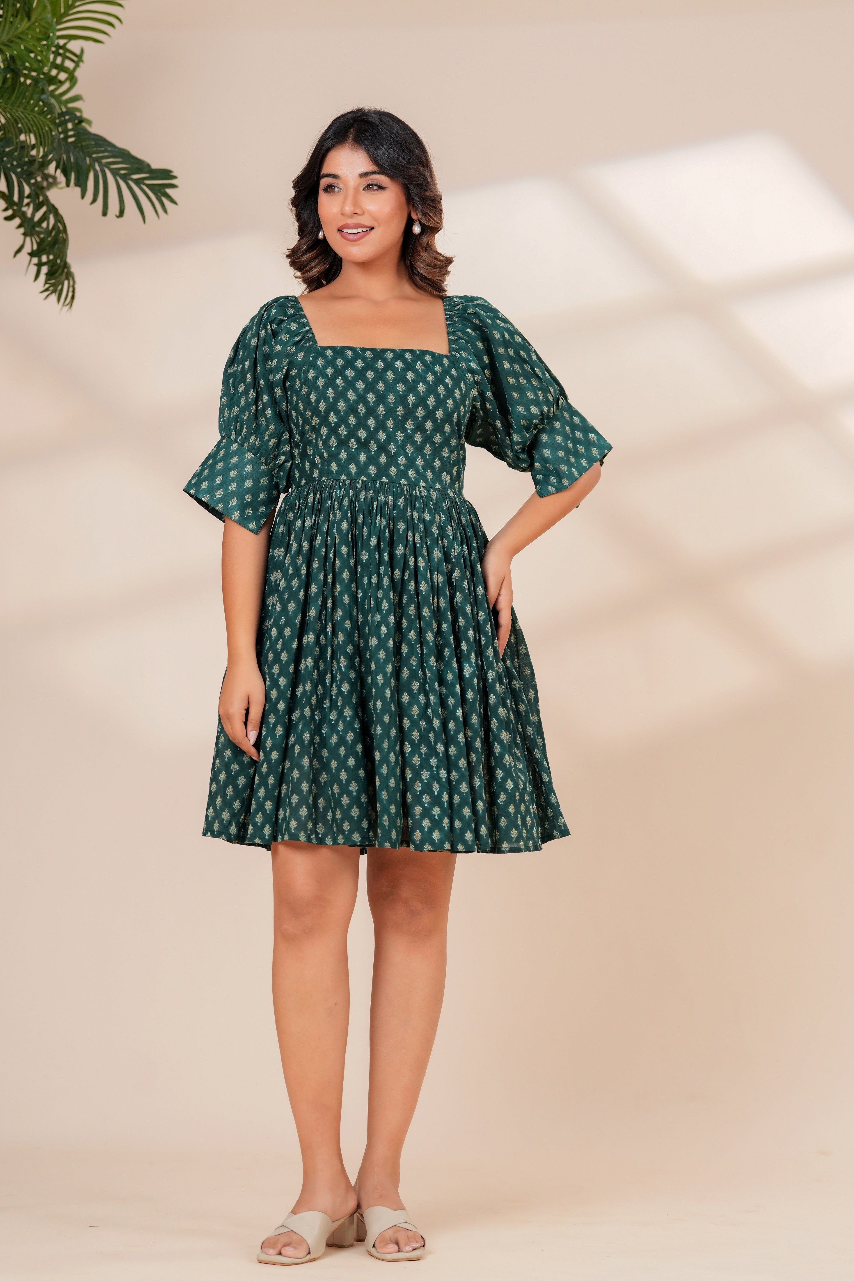 Printed Cotton Square Neck Smocked Dress