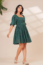 Printed Cotton Square Neck Smocked Dress
