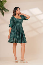 Printed Cotton Square Neck Smocked Dress