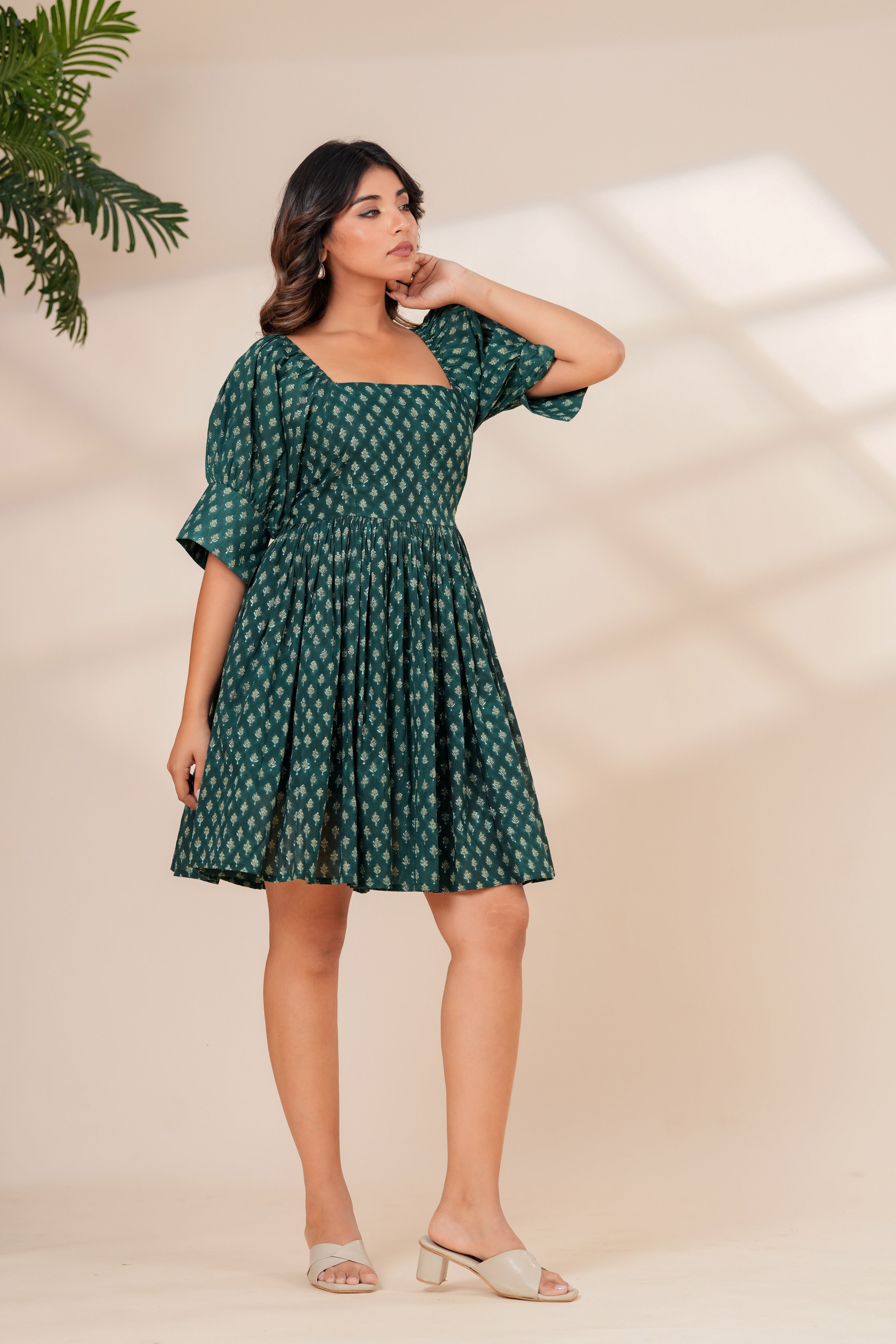 Printed Cotton Square Neck Smocked Dress
