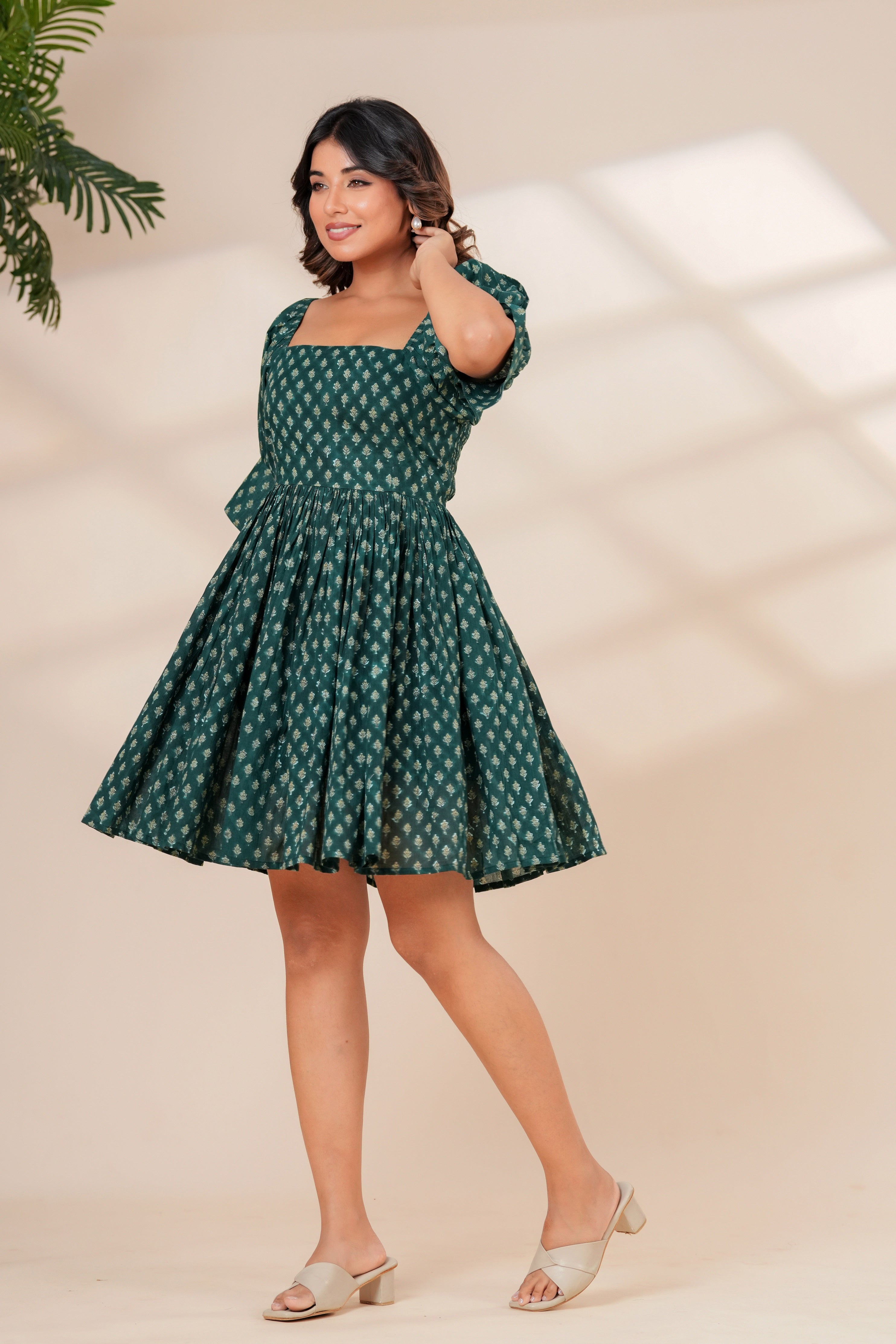 Printed Cotton Square Neck Smocked Dress