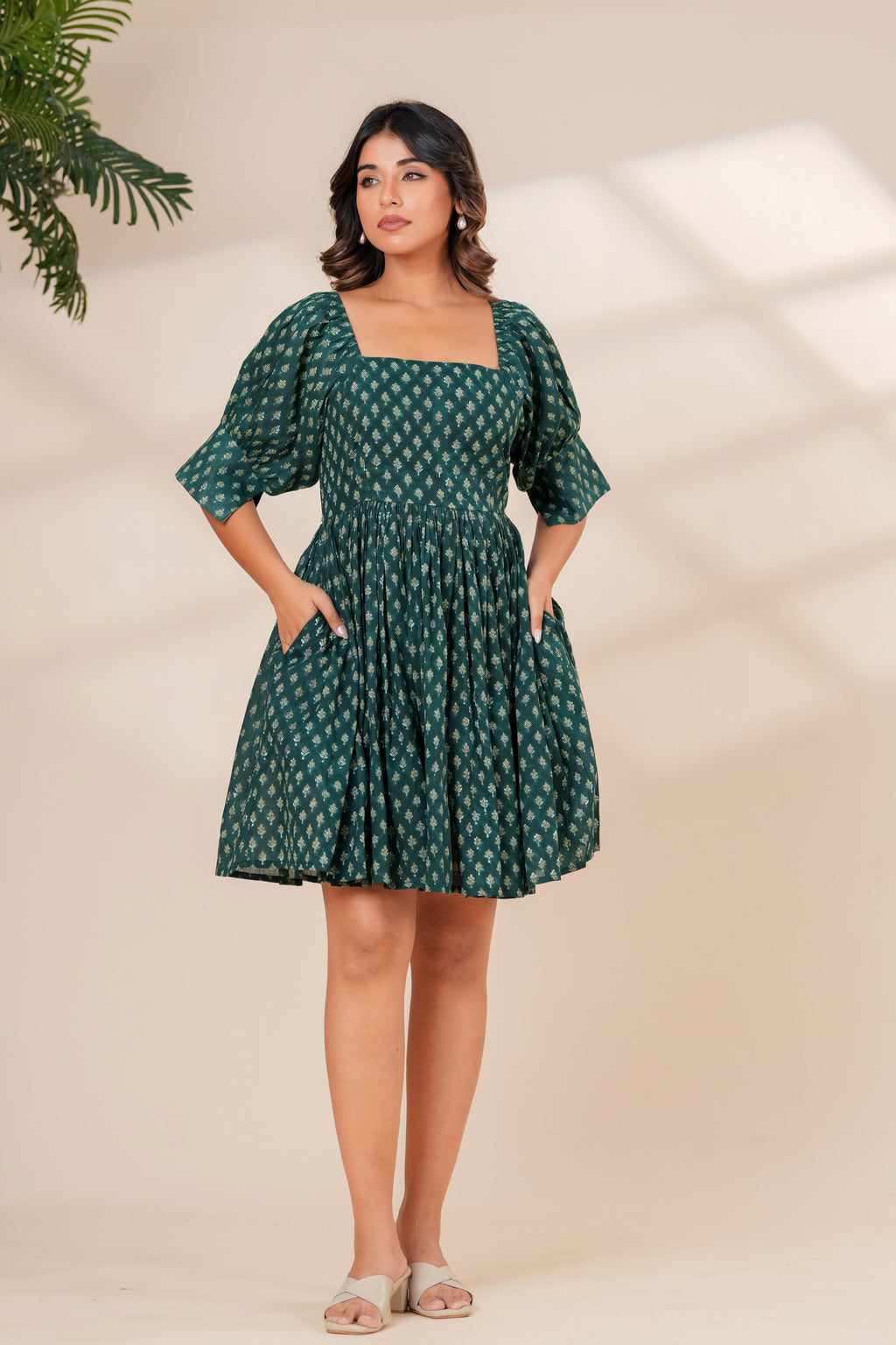 Printed Cotton Square Neck Smocked Dress