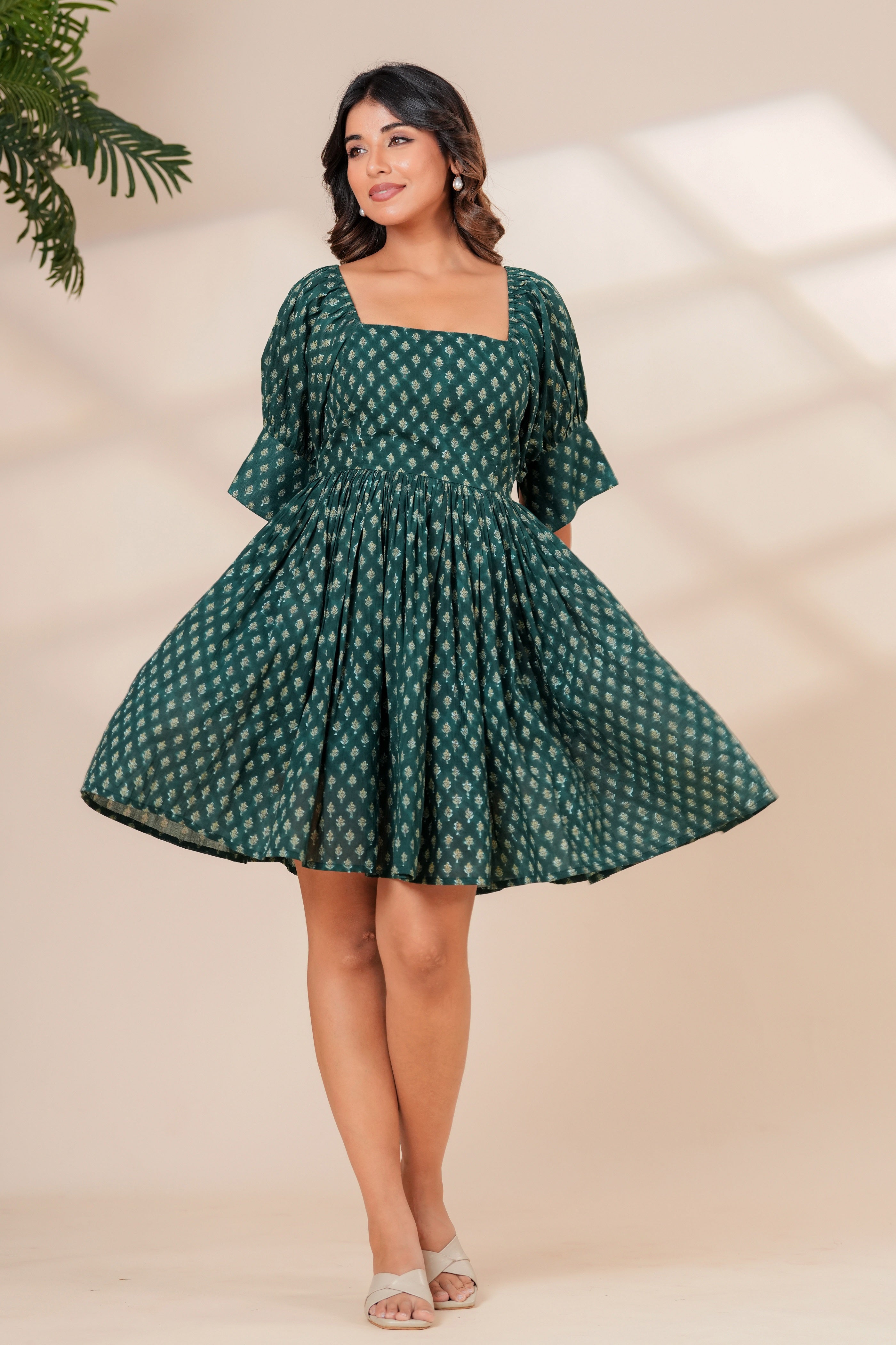 Printed Cotton Square Neck Smocked Dress