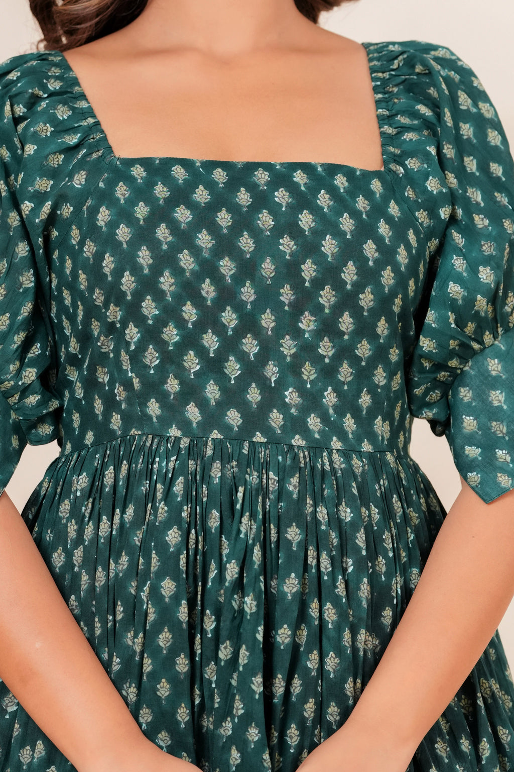 Printed Cotton Square Neck Smocked Dress
