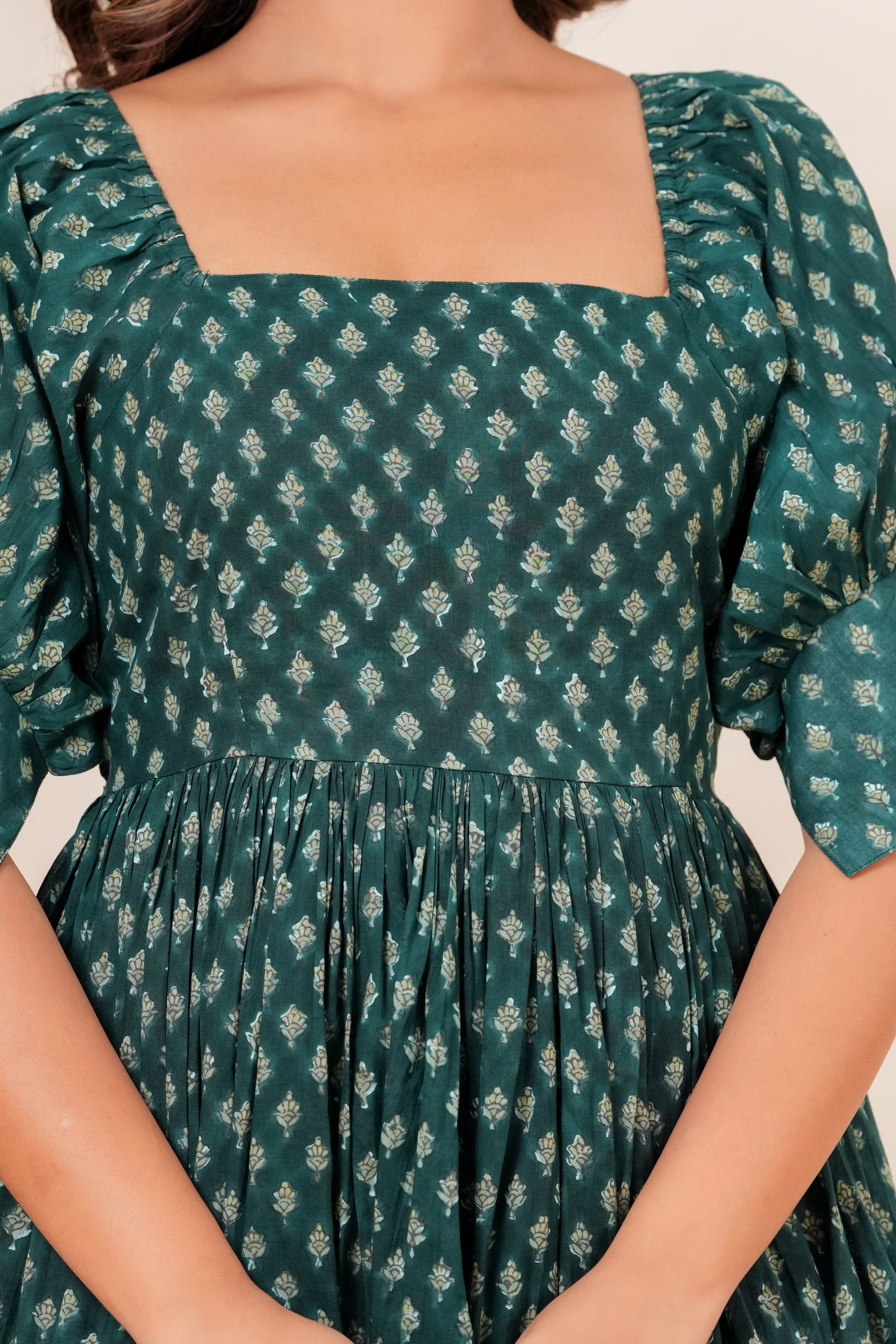 Printed Cotton Square Neck Smocked Dress