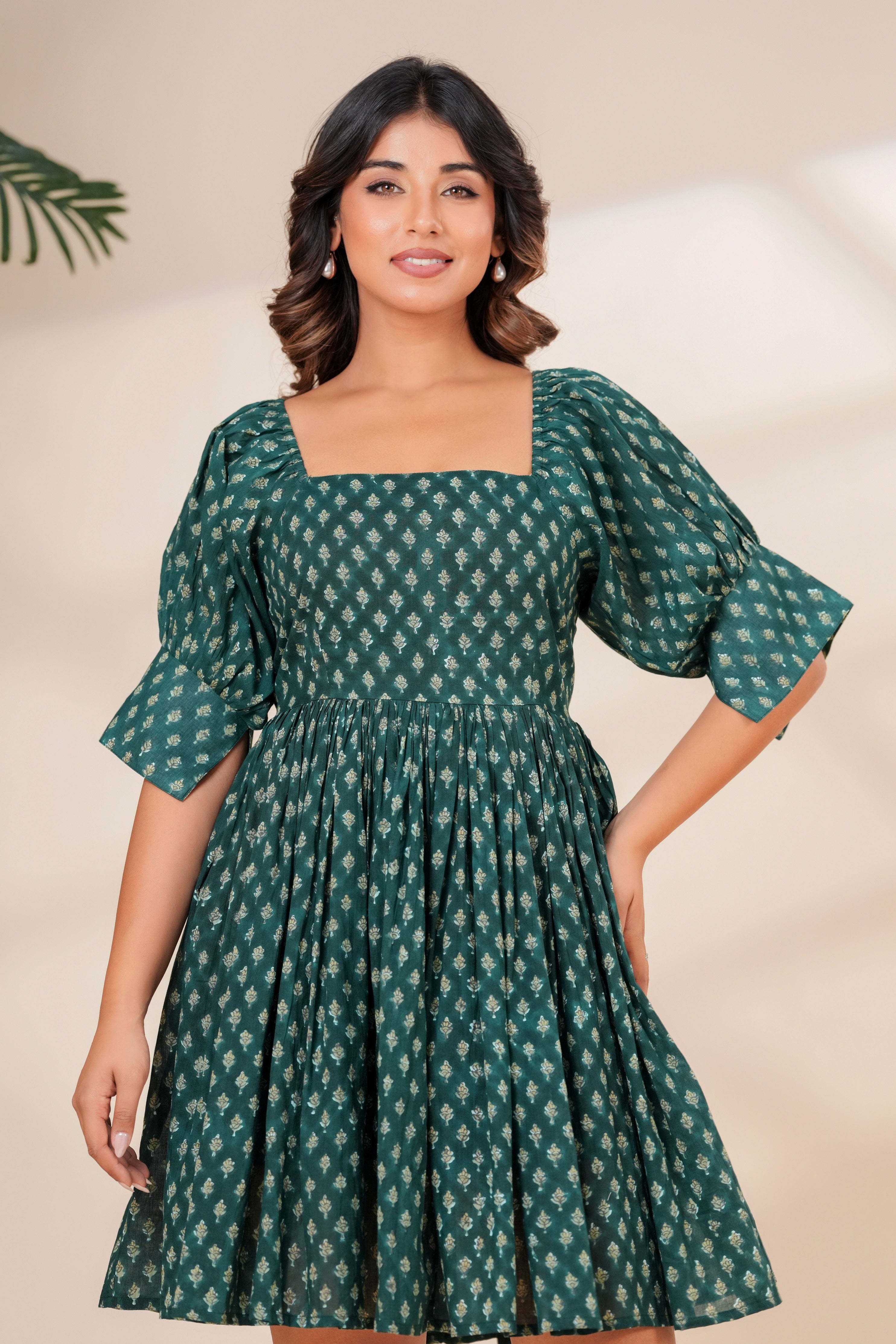 Printed Cotton Square Neck Smocked Dress