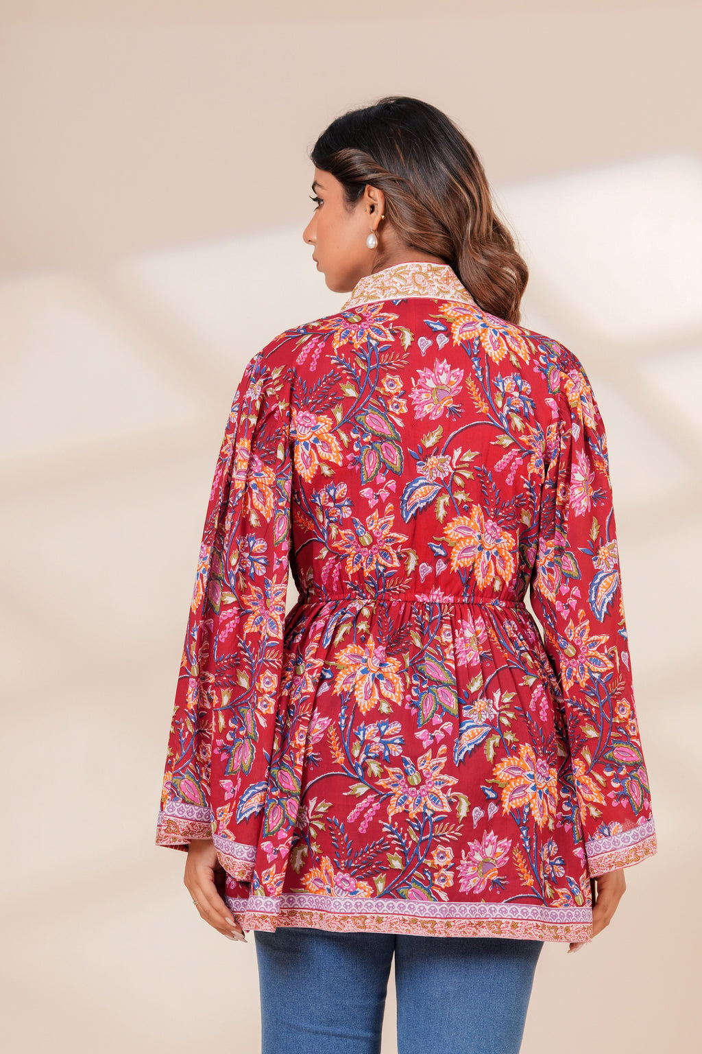 Red Floral Cotton Boho Top with Flared Bell Sleeves