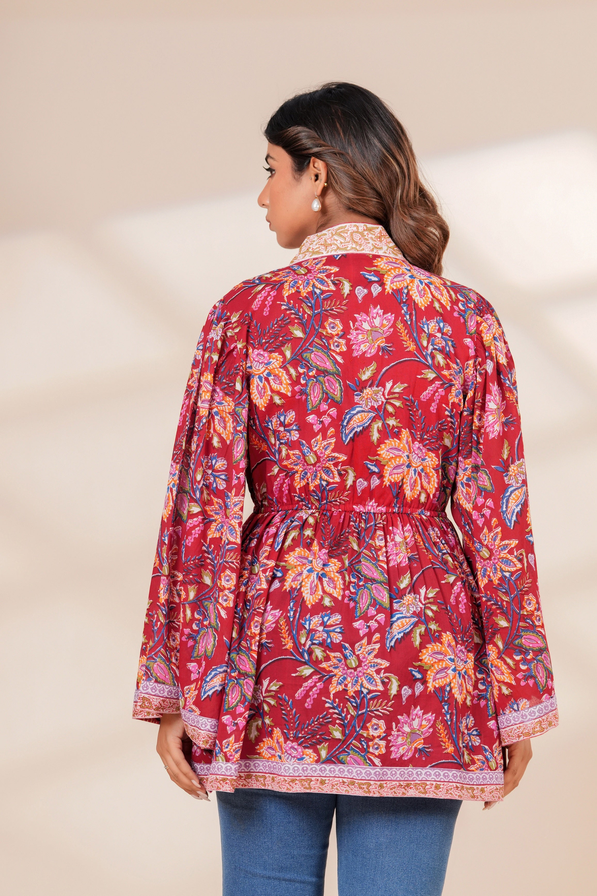 Red Floral Cotton Boho Top with Flared Bell Sleeves