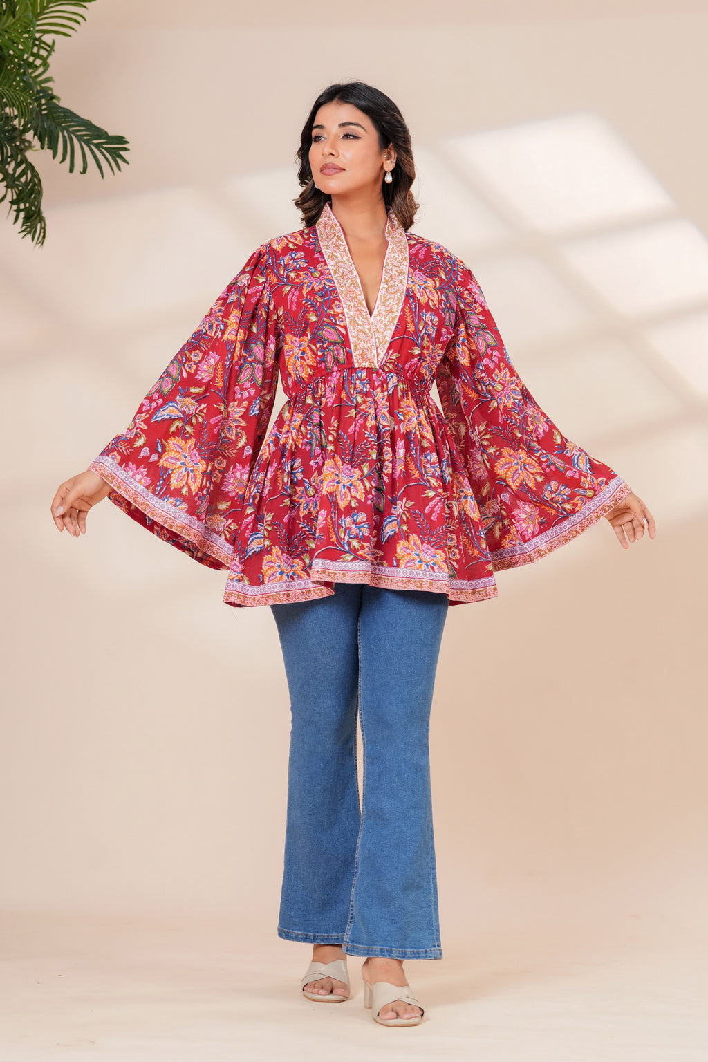 Red Floral Cotton Boho Top with Flared Bell Sleeves