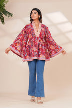 Red Floral Cotton Boho Top with Flared Bell Sleeves