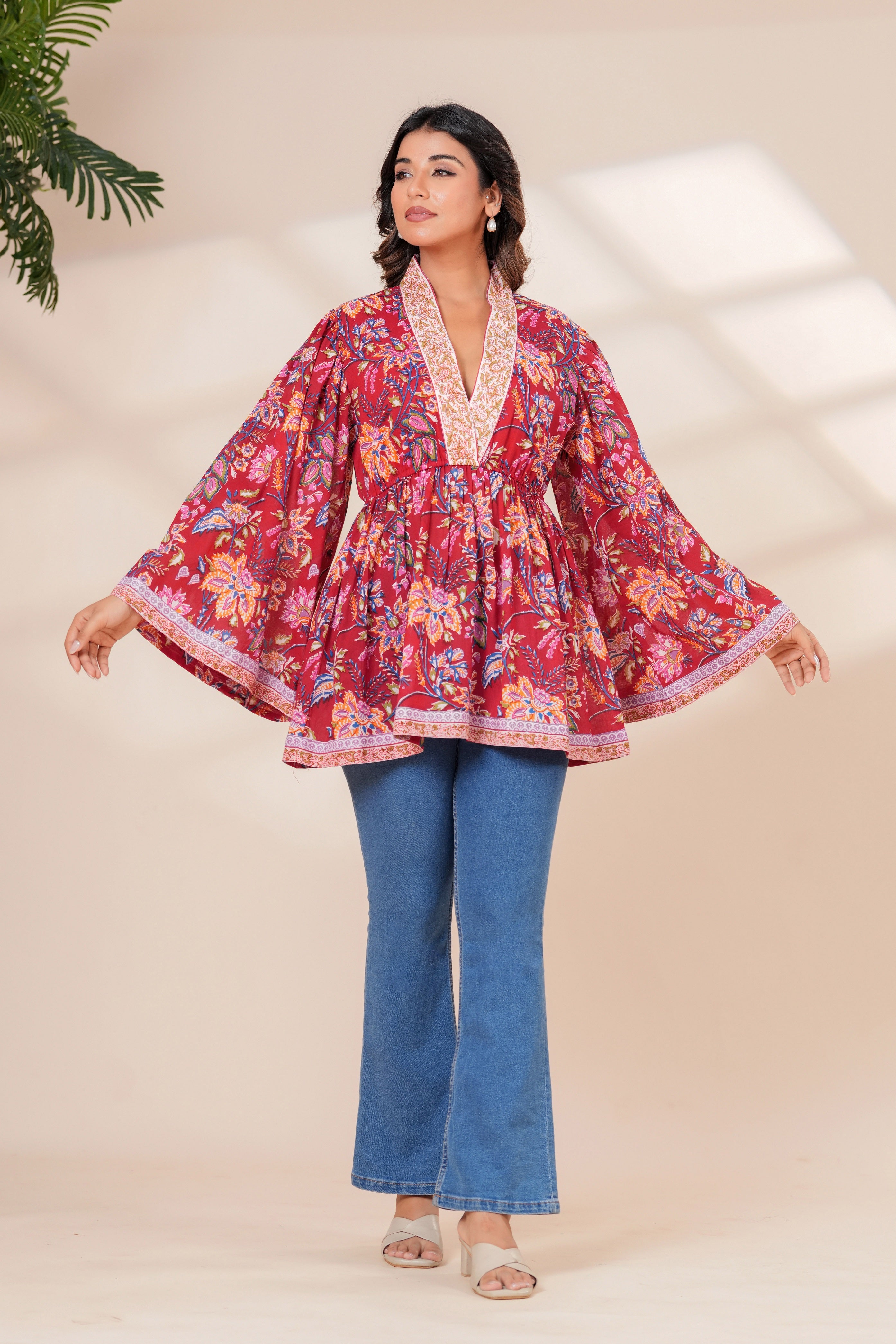 Red Floral Cotton Boho Top with Flared Bell Sleeves