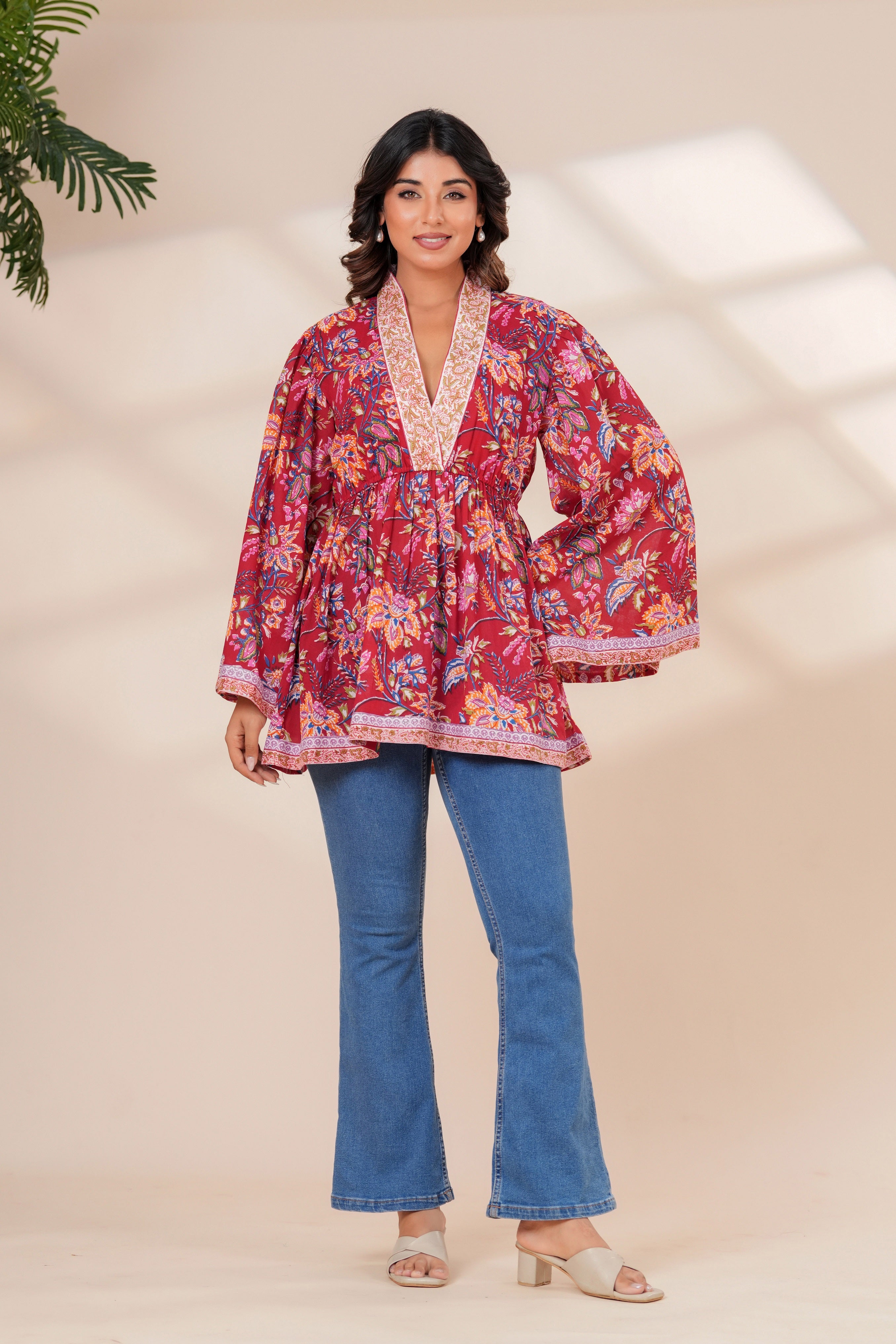 Red Floral Cotton Boho Top with Flared Bell Sleeves