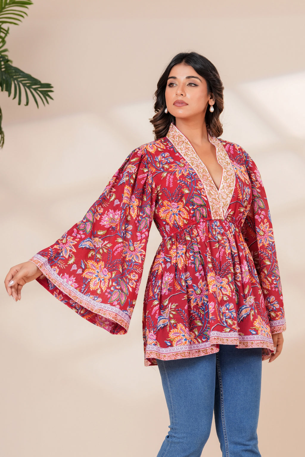 Red Floral Cotton Boho Top with Flared Bell Sleeves