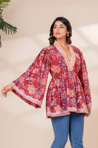 Red Floral Cotton Boho Top with Flared Bell Sleeves